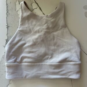 Ribbed High Neck Sports Bra - Light Beige